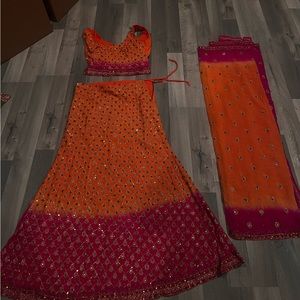 Pink to orange sequined  lehenga